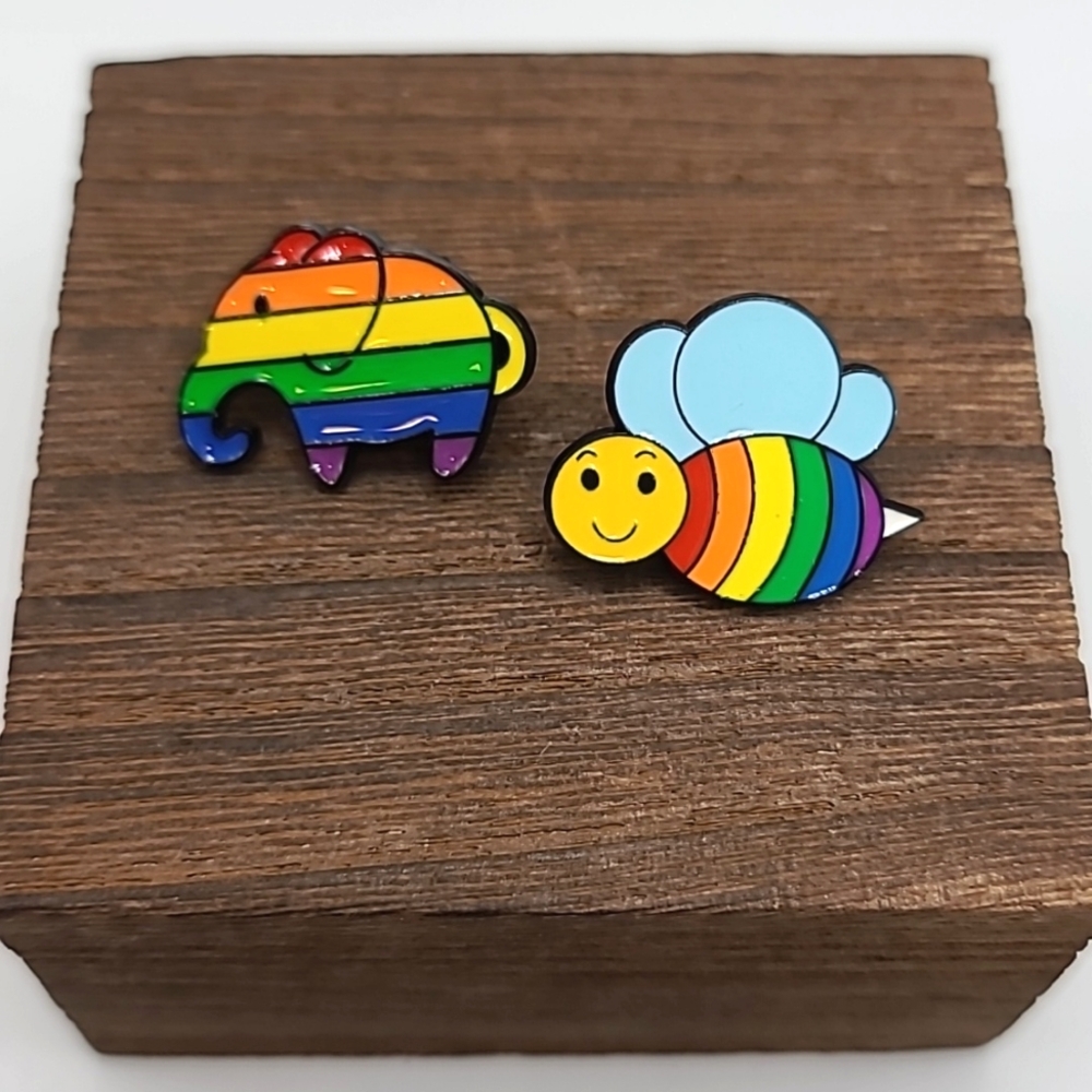 Pride Elephant & Bee Rainbow Enamel Pin Set